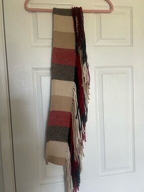 Burberry Striped Fringe Scarf in Beige, Red, Black